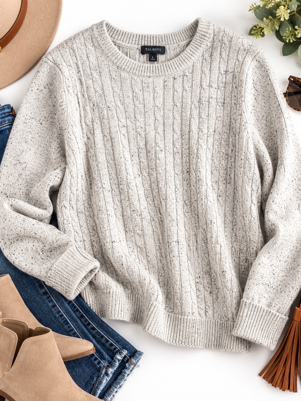 Talbots Gray Speckled Cable Knit Sweater – Size Large